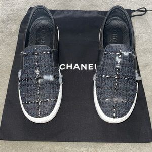 Chanel Suede Tweed slip on sneakers.